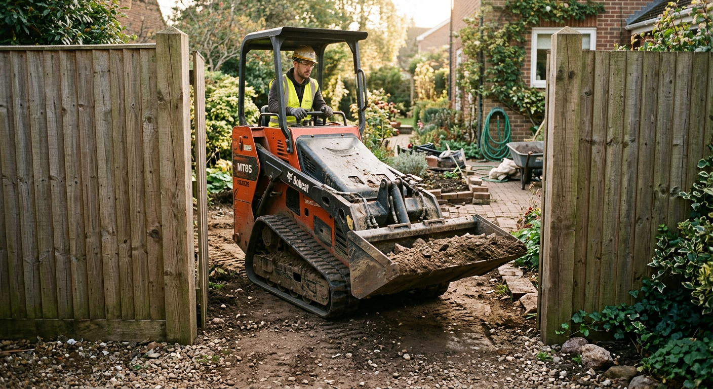 Mini skid steer loader fitting through a narrow garden gate on a residential landscaping job