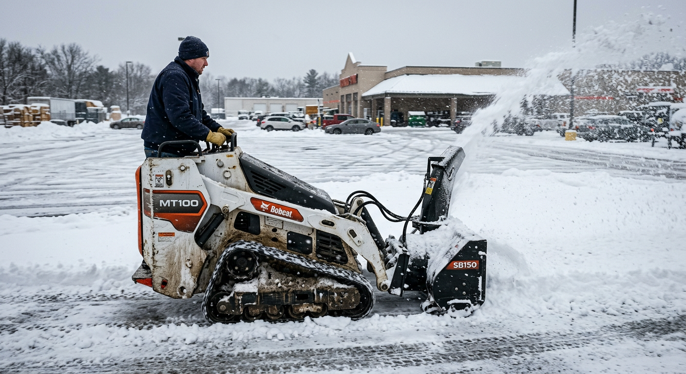 Mini skid steer snow blower attachment clearing snow from a commercial driveway
