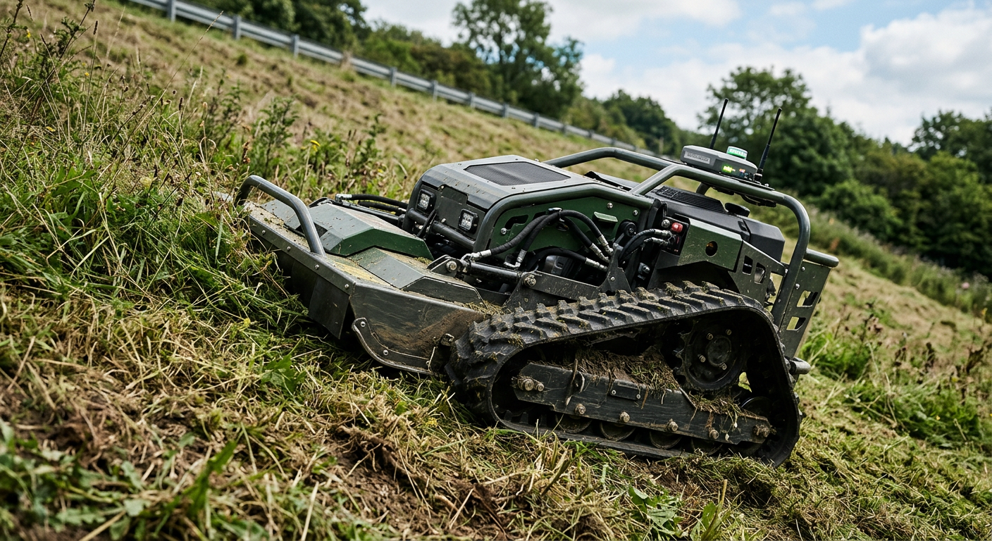 Remote control track mower on steep embankment showing track width and low center of gravity