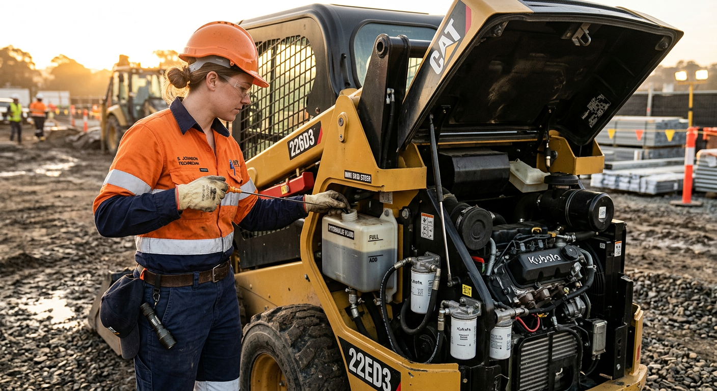 Technician checking hydraulic fluid on a mini skid steer loader before a work shift