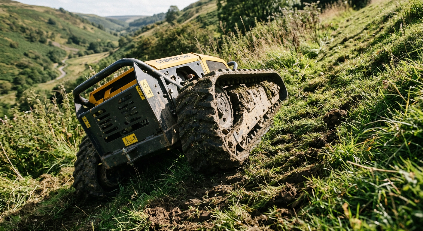 Remote control track mower rubber tracks gripping steep embankment slope