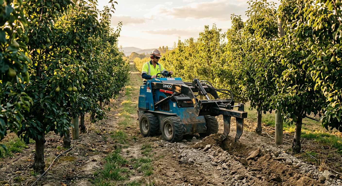 Mini skid steer with ripper attachment working between fruit tree rows in an orchard