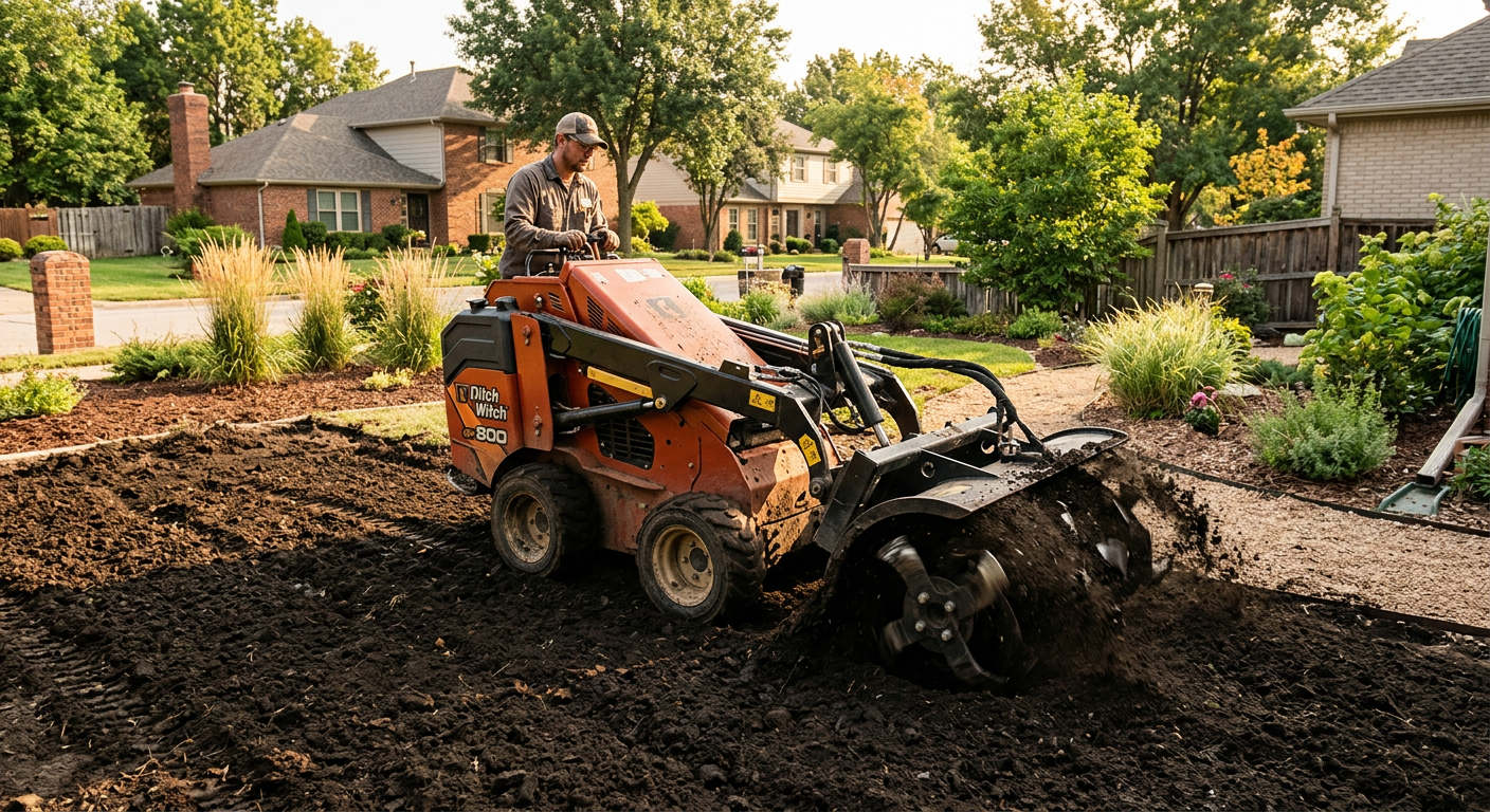 Mini skid steer rotary plow attachment turning soil in a garden bed