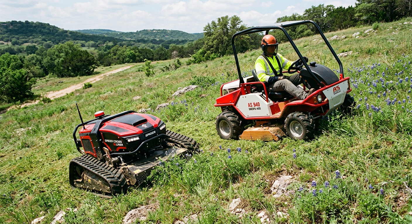Side-by-side comparison of remote control track mower and ride-on slope mower on hillside