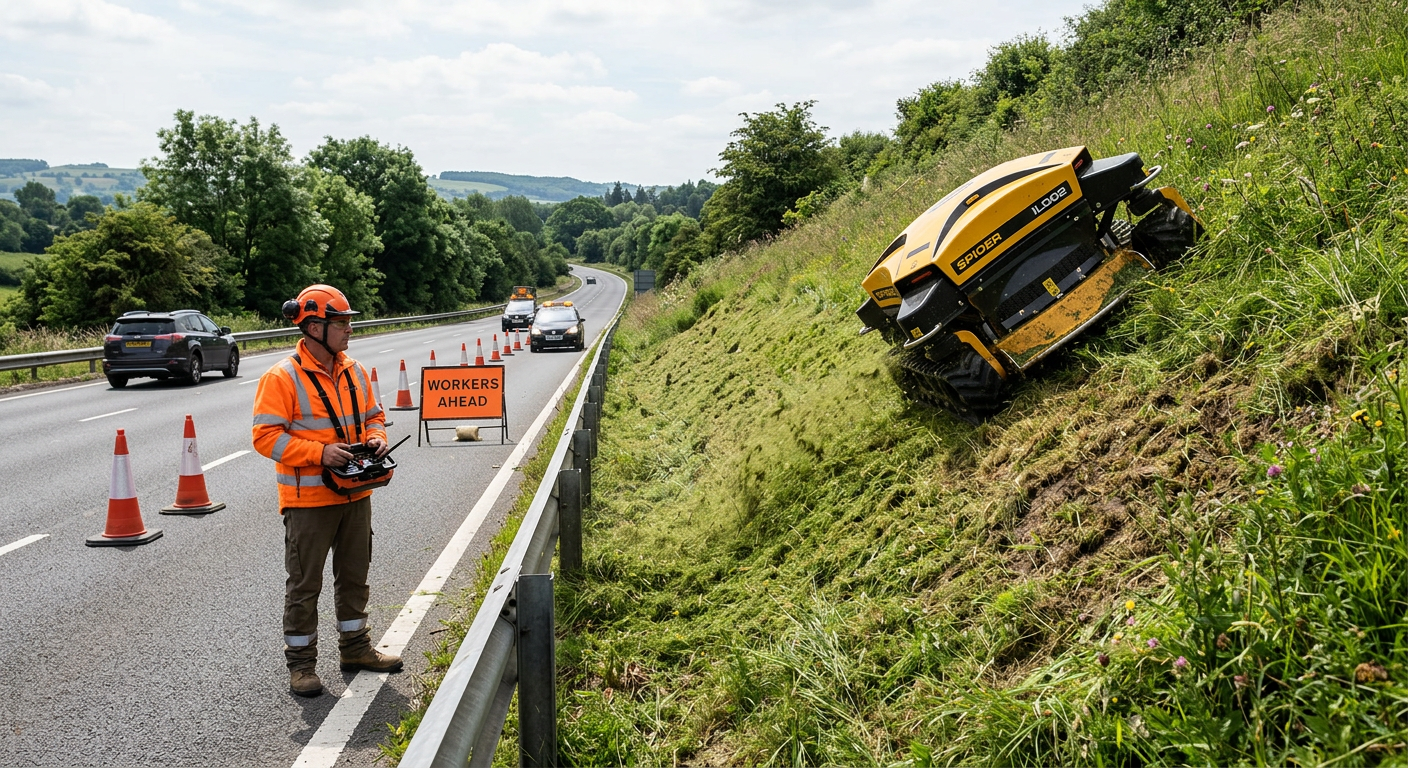 RC track mower cutting roadside verge slope with operator safely on pavement