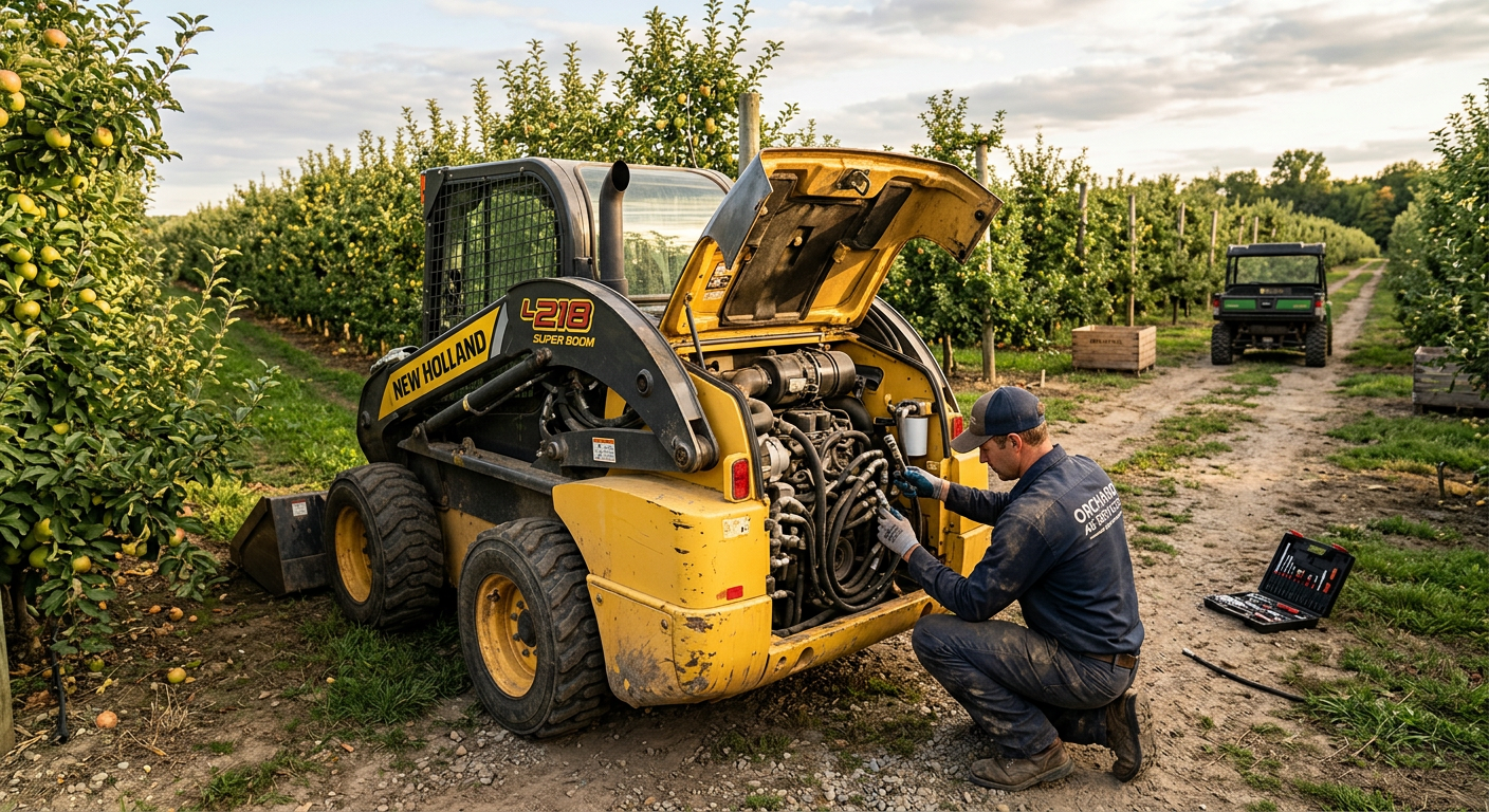 Mini skid steer loader monthly service inspection in an orchard setting
