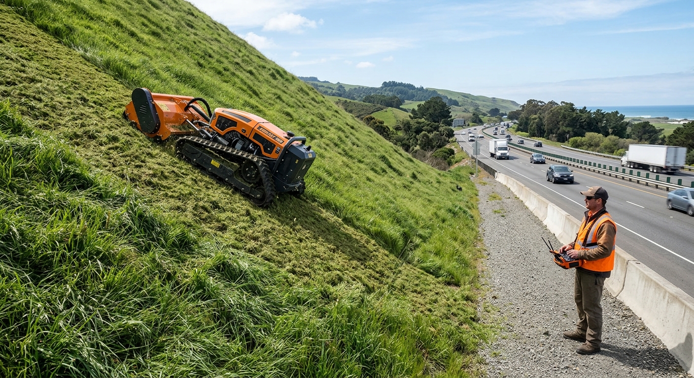 Remote control track mower operating on a steep highway embankment with operator standing safely below