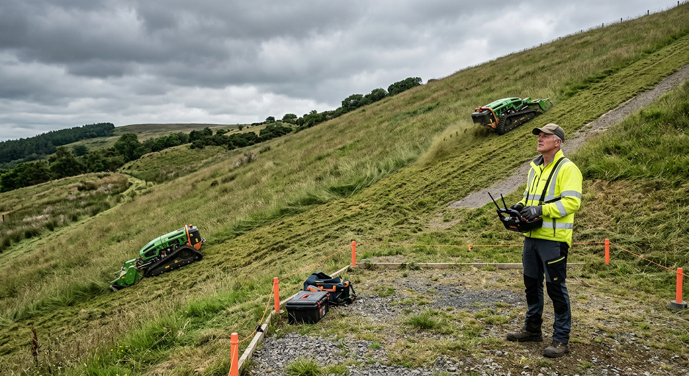 Single operator managing two remote control track mowers on a large grassy slope