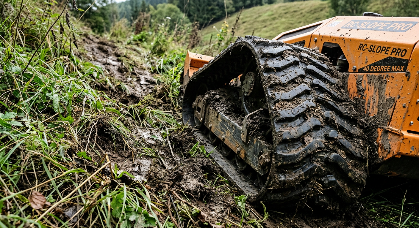 Close-up of rubber tracks on a remote control mower gripping muddy uneven terrain