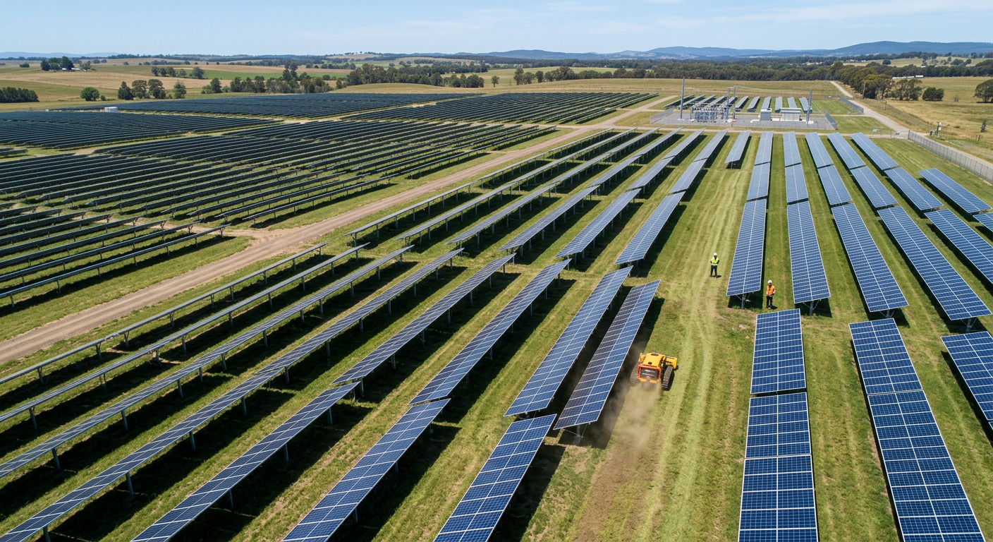Remote control track mower mowing grass between solar panel rows at a solar farm
